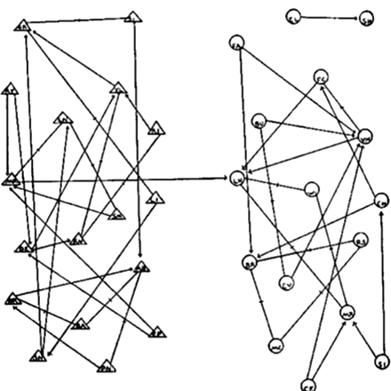 A sociogram: two clusters of individuals linked by directed ties, joined by a single bridging connection
